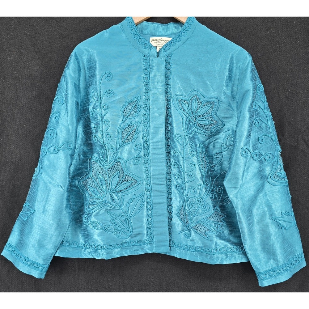 Norm Thompson Women Petite L Teal Floral Embroidered Jacket Button Up Lined Boho